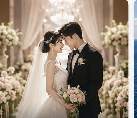 아름다운 웨딩드레스와 신랑 신부 이미지